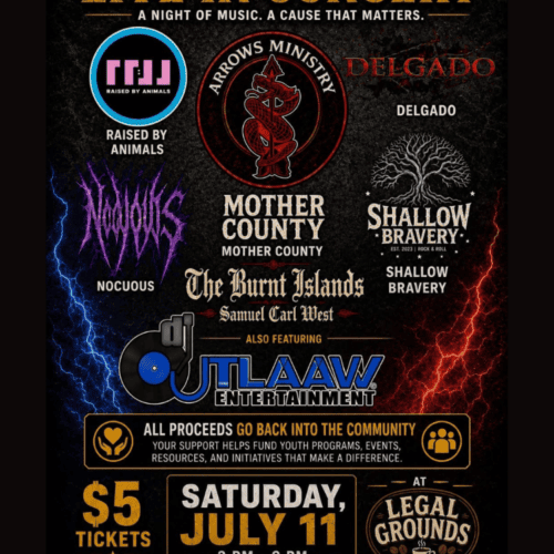 Live in concert featuring: Raised by Animals, Delgado, Mother County, Shallow Bravery, Nocuous, and Outlaaw Entertainment. Tickets are $5, located at Legal Grounds Coffee Shop on July 11th from 2pm-9pm.