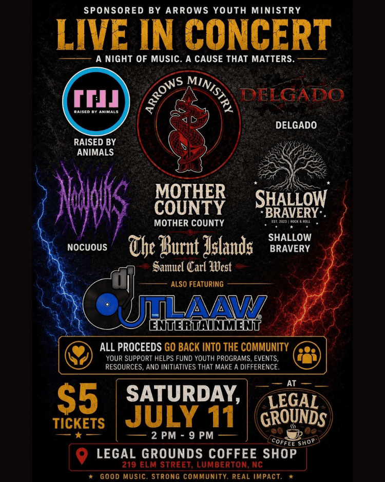 Live in concert featuring: Raised by Animals, Delgado, Mother County, Shallow Bravery, Nocuous, and Outlaaw Entertainment. Tickets are $5, located at Legal Grounds Coffee Shop on July 11th from 2pm-9pm.