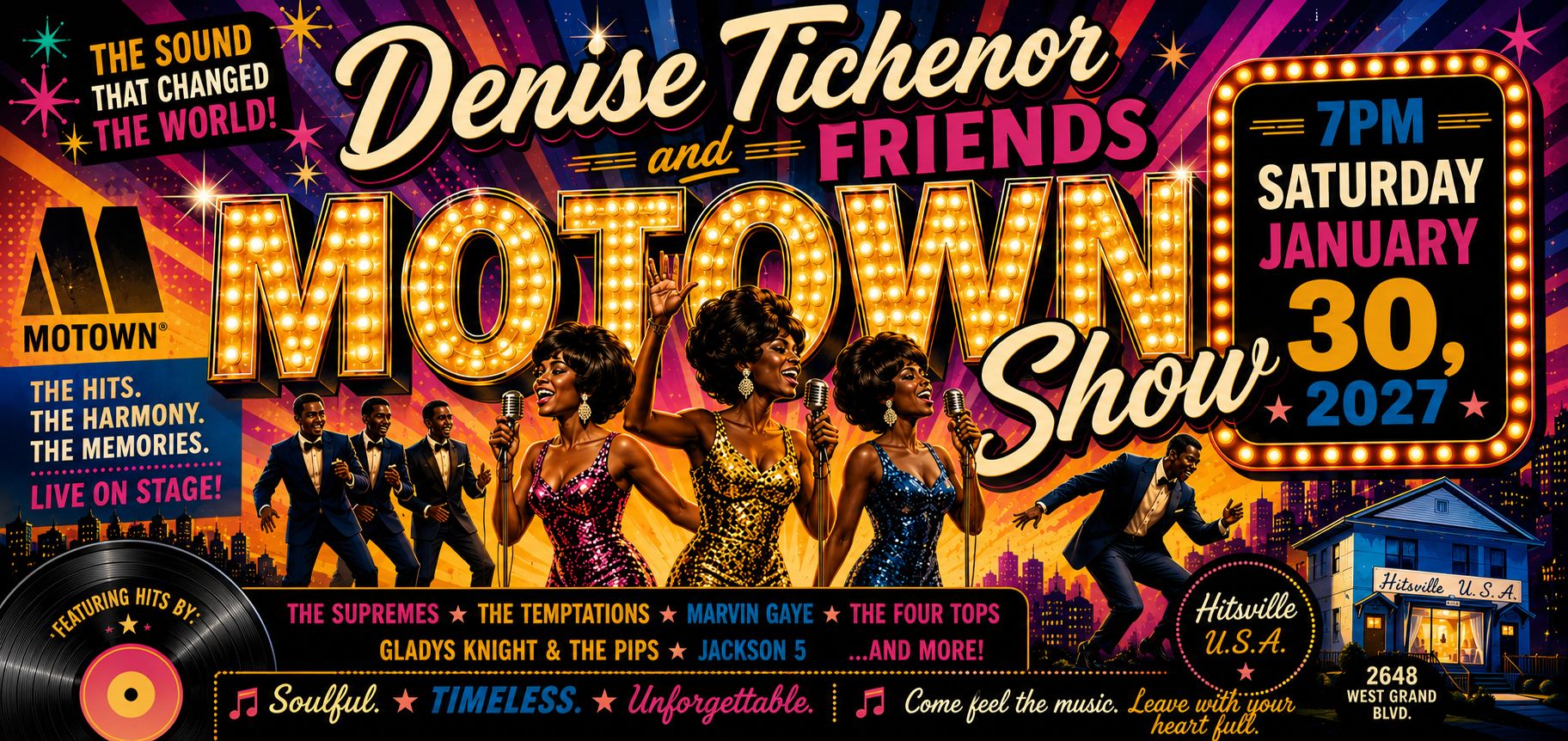 Flyer with large gold letters Motown with Denise Tichenor and friends, 3 females with mics singing