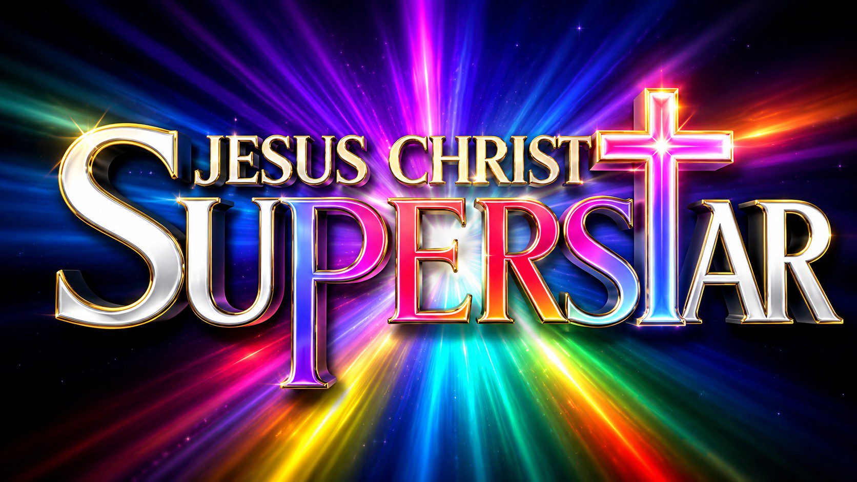 Center Rainbow color bursting with Jesus Christ Superstar printed in center