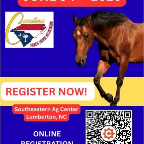 Southeastern Ag Center in Lumberton, NC is hosting an event with the Carolina Ranch Horse Association on June 5th to June 7th, 2026. Register online with the QR code.
