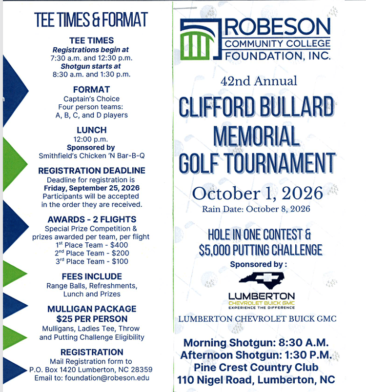 Clifford Bullard Memorial Golf Tournament on October 1st. To register mail the form to PO Box 1420, Lumberton, NC 28359 or email it to foundation@robeson.edu.
