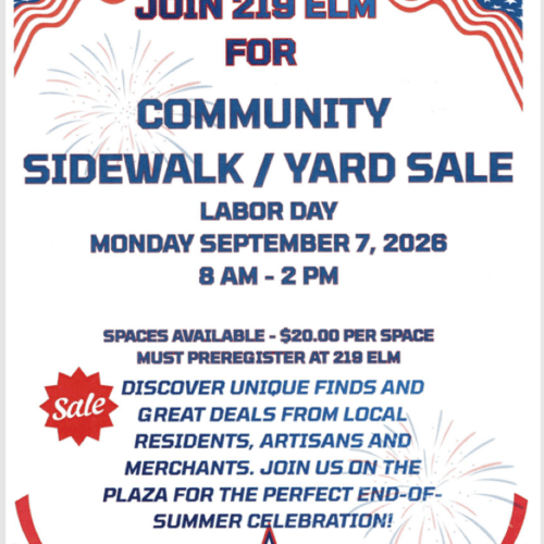 Community sidewalk/yard sale on labor day Monday September 7th, 2026 from 8am-2pm. Spaces available for $20, must preregister at 219 Elm.