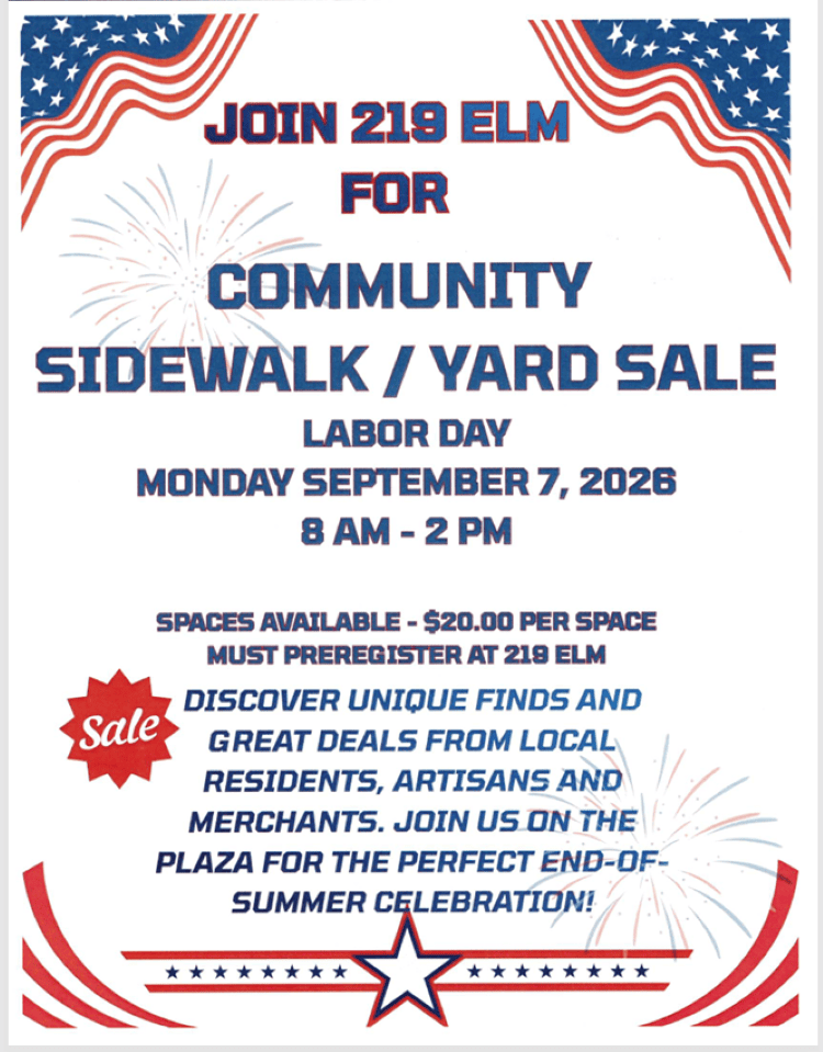 Community sidewalk/yard sale on labor day Monday September 7th, 2026 from 8am-2pm. Spaces available for $20, must preregister at 219 Elm.