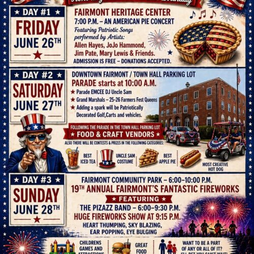 The town of Fairmont proudly presents America's 250th anniversary event starting friday june 26th-sunday june 28th. Each day has a different starting location with friday being at the fairmont heritage center at 7pm, saturday at downtown fairmont for a parade at 10am, and sunday at the fairmont community park 6pm-10pm.