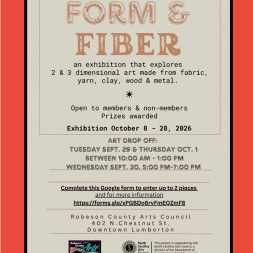 Robeson County Arts Council gallery display: Form & Fiber, 1 & 3 dimensional art made from fabric, yarn, clay, wood & metal October 8-28