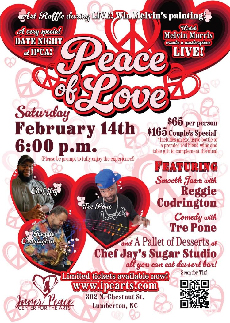 Peace of Love event flyer for February 14th at the Inner Peace Center for the Arts