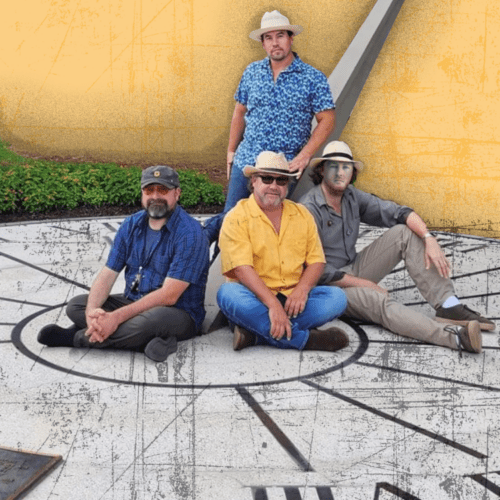 Jim Quick and The Coastline Band on and around a large outdoor sundial against a yellow textured background