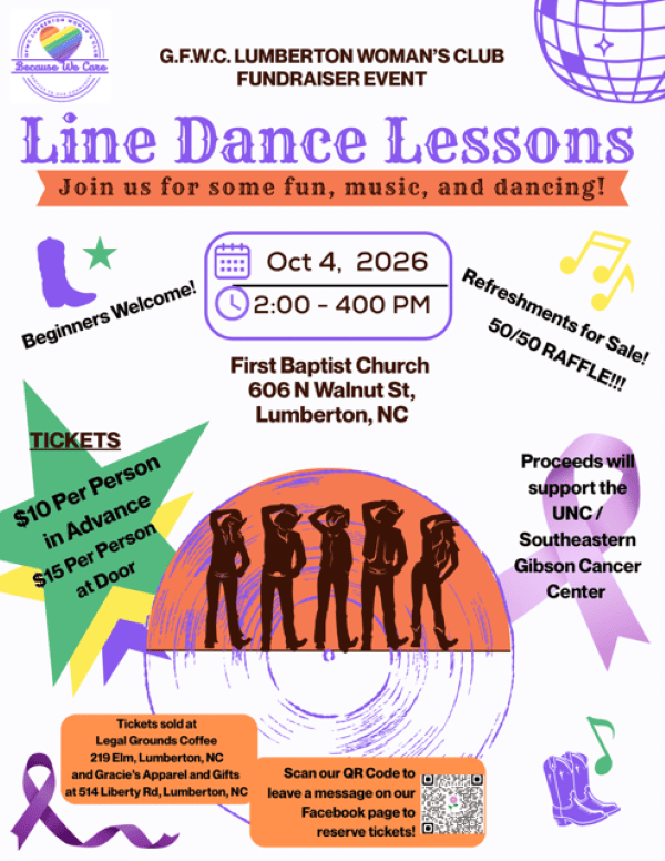 Line Dance Lessons, First Baptist Church by Lumberton Women's Club October 4th