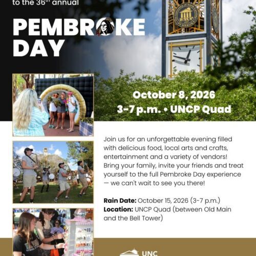 Clock tower on campus at UNCP on flyer for Pembroke Day October 8th 3-7pm