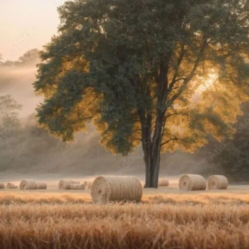 A field with a tree in the distance and multiple bales of hay scattered throughout
