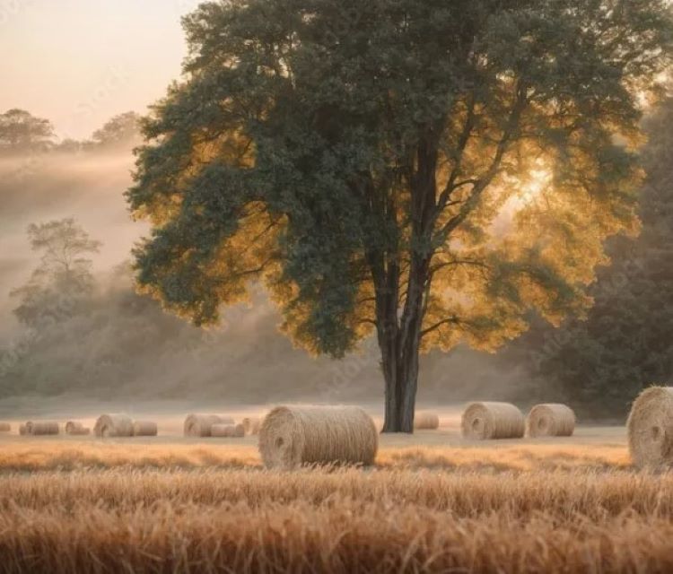 A field with a tree in the distance and multiple bales of hay scattered throughout