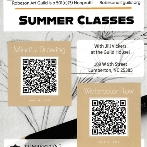 Robeson Art Guild summer classes with Jill Vickers at the Guild House for Mindful Drawing and Watercolor Flow. Scan the QR codes for more info or visit Robesonartguild.org.