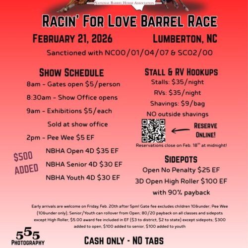 Racin For Love barrel Race event flyer for Feb 21, 2026 in Lumberton, NC