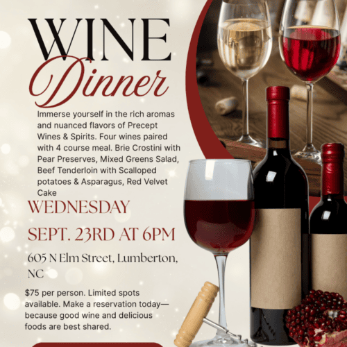 Wine dinner & 4 course meal served at Happenings on Elm Sept. 23rd @6pm. Text 910-734-0668 to register